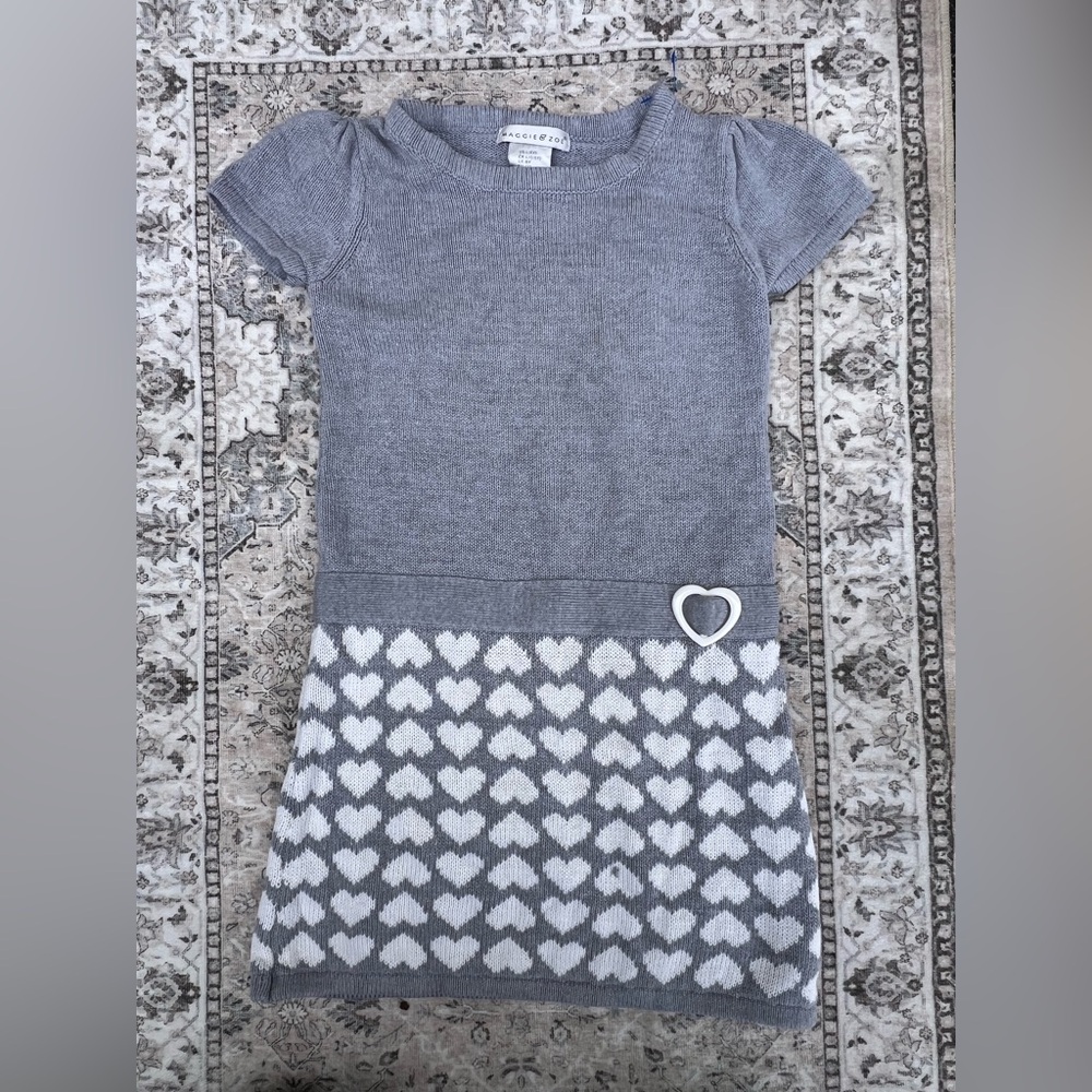 Maggie & Zoe Gray Knit Dress with White Heart Pattern and Heart Accent 6t